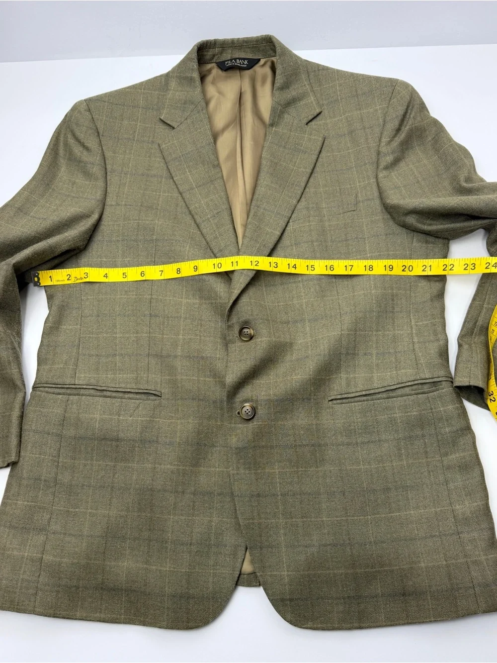 Jos A Bank Mens Sport Coat Blazer Olive Green Plaid Windowpane 2 Button 46R